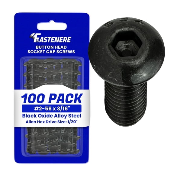 Fastenere Button Head Socket Cap Screws - 2-56 x 3/16" (100-Pcs) Alloy Steel, Fully Threaded, Fine Black Oxide Finish, Corrosion-Resistant, Machine Thread, Easy to Install w/ Allen Hex Drive