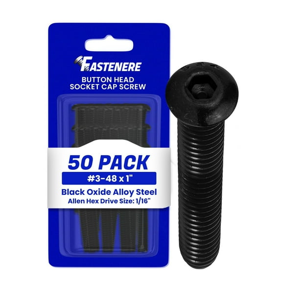 Fastenere Button Head Socket Cap Screws - 3-48 x 1" (50-Pcs) Alloy Steel, Fully Threaded, Fine Black Oxide Finish, Corrosion-Resistant, Machine Thread, Easy to Install w/ Allen Hex Drive