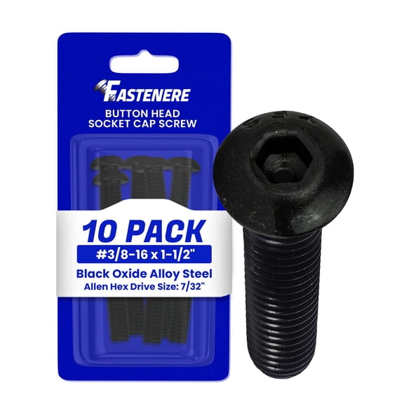 Fastenere Button Head Socket Cap Screws - 3/8-16 x 1-1/2" (10-Pcs) Alloy Steel, Fully Threaded, Fine Black Oxide Finish, Corrosion-Resistant, Machine Thread, Easy to Install w/ Allen Hex Drive
