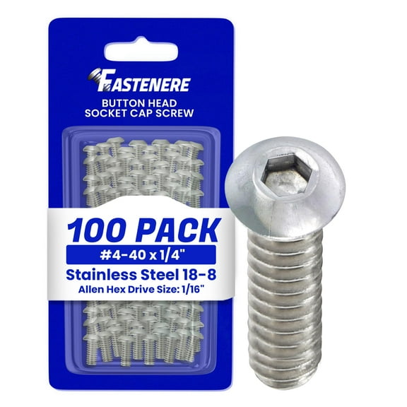 Fastenere Button Head Socket Cap Screws - 4-40 x 1/4" (100 Pack) Stainless Steel 18-8, Full Thread, Bright Plain Finish, Corrosion-Resistant, Machine Thread, Easy to Install w/ Allen Socket Drive