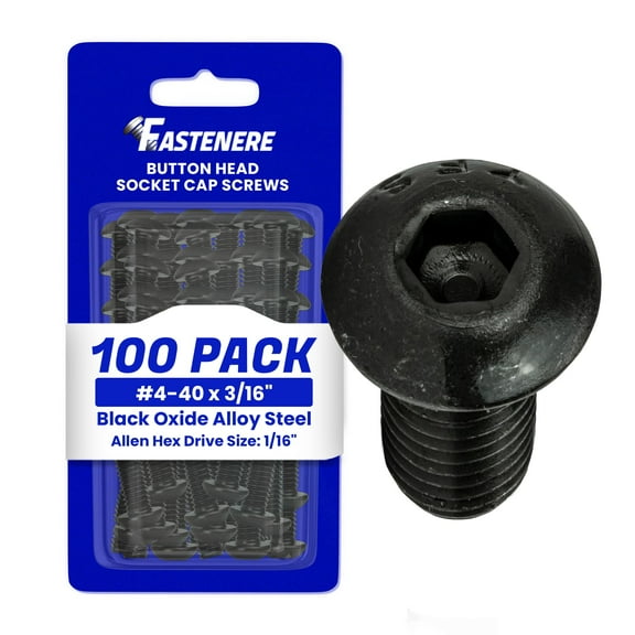 Fastenere Button Head Socket Cap Screws - 4-40 x 3/16" (100-Pcs) Alloy Steel, Fully Threaded, Fine Black Oxide Finish, Corrosion-Resistant, Machine Thread, Easy to Install w/ Allen Hex Drive