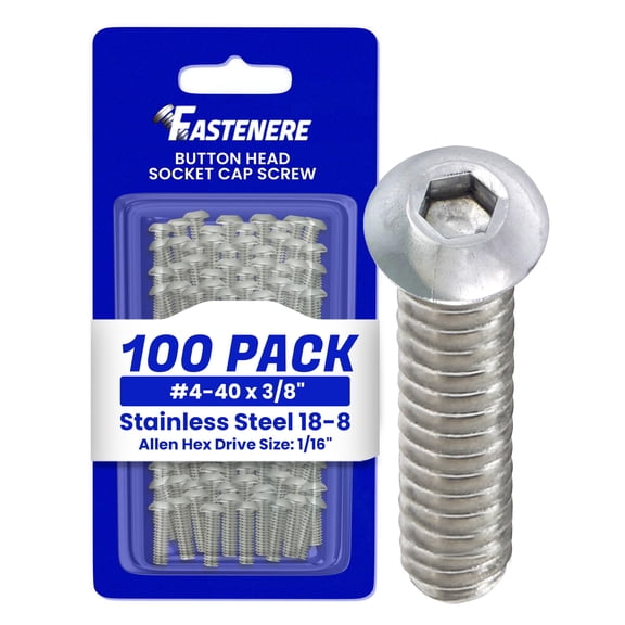 Fastenere Button Head Socket Cap Screws - 4-40 x 3/8" (100 Pack) Stainless Steel 18-8, Full Thread, Bright Plain Finish, Corrosion-Resistant, Machine Thread, Easy to Install w/ Allen Socket Drive