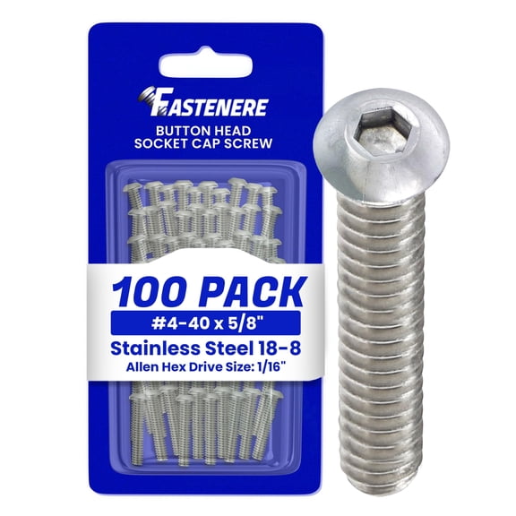 Fastenere Button Head Socket Cap Screws - 4-40 x 5/8" (100 Pack) Stainless Steel 18-8, Full Thread, Bright Plain Finish, Corrosion-Resistant, Machine Thread, Easy to Install w/ Allen Socket Drive