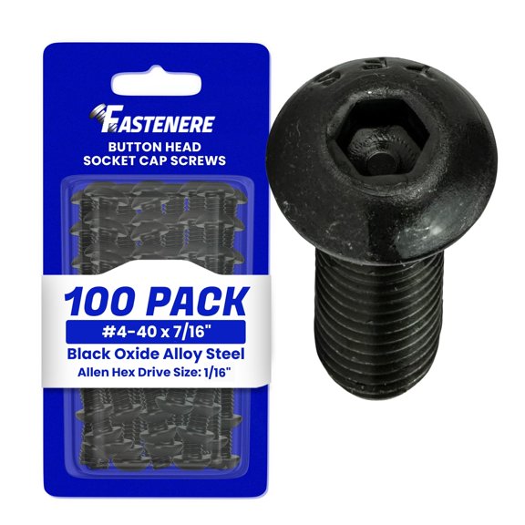 Fastenere Button Head Socket Cap Screws - 4-40 x 7/16" (100-Pcs) Alloy Steel, Fully Threaded, Fine Black Oxide Finish, Corrosion-Resistant, Machine Thread, Easy to Install w/ Allen Hex Drive