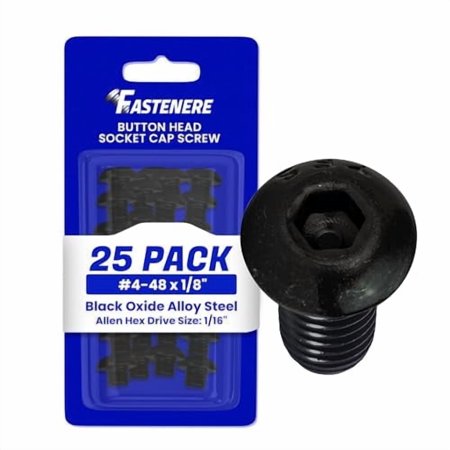 Fastenere Button Head Socket Cap Screws - 4-48 x 1/8" (25-Pcs) Alloy Steel, Fully Threaded, Fine Black Oxide Finish, Corrosion-Resistant, Machine Thread, Easy to Install w/ Allen Hex Drive