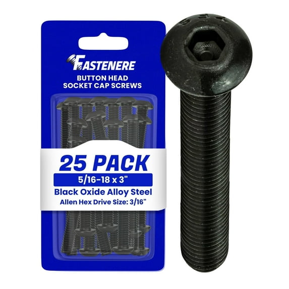 Fastenere Button Head Socket Cap Screws - 5/16-18 x 3" (25-Pcs) Alloy Steel, Fully Threaded, Fine Black Oxide Finish, Corrosion-Resistant, Machine Thread, Easy to Install w/ Allen Hex Drive