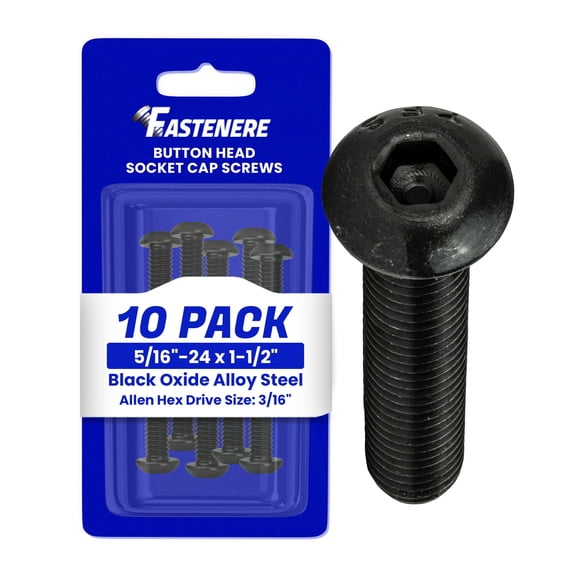 Fastenere Button Head Socket Cap Screws - 5/16-24 x 1-1/2" (10-Pcs) Alloy Steel, Fully Threaded, Fine Black Oxide Finish, Corrosion-Resistant, Machine Thread, Easy to Install w/ Allen Hex Drive