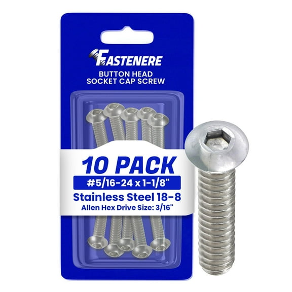Fastenere Button Head Socket Cap Screws - 5/16-24 x 1-1/8" (10 Pack) Stainless Steel 18-8, Full Thread, Bright Plain Finish, Corrosion-Resistant, Machine Thread, Easy to Install w/ Allen Socket Drive