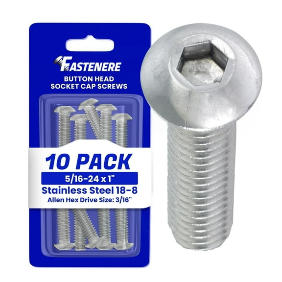 Fastenere Button Head Socket Cap Screws - 5/16-24 x 1" (10 Pack) Stainless Steel 18-8, Full Thread, Bright Plain Finish, Corrosion-Resistant, Machine Thread, Easy to Install w/ Allen Socket Drive