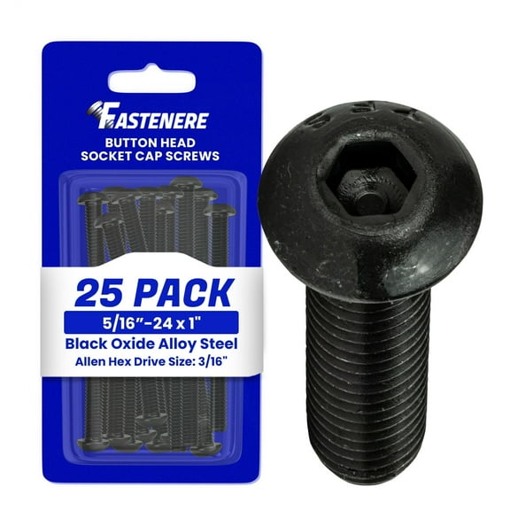 Fastenere Button Head Socket Cap Screws - 5/16-24 x 1" (25-Pcs) Alloy Steel, Fully Threaded, Fine Black Oxide Finish, Corrosion-Resistant, Machine Thread, Easy to Install w/ Allen Hex Drive