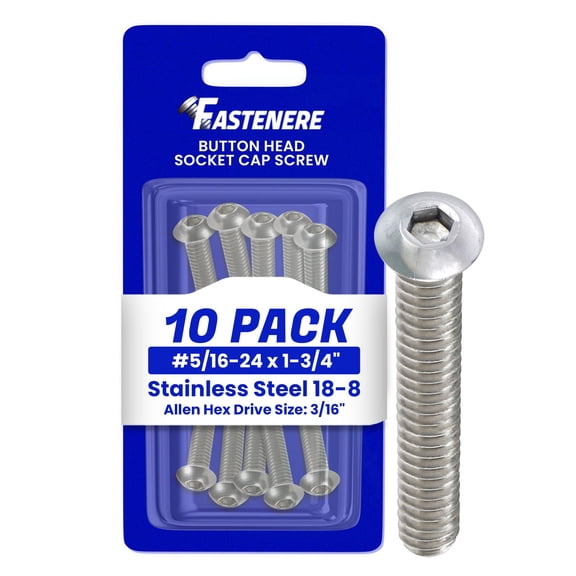 Fastenere Button Head Socket Cap Screws - 5/16-24 x 1-3/4" (10 Pack) Stainless Steel 18-8, Full Thread, Bright Plain Finish, Corrosion-Resistant, Machine Thread, Easy to Install w/ Allen Socket Drive
