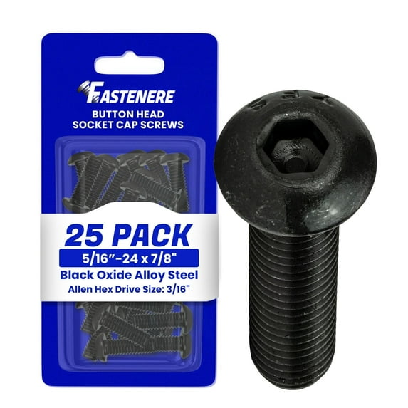 Fastenere Button Head Socket Cap Screws - 5/16-24 x 7/8" (25-Pcs) Alloy Steel, Fully Threaded, Fine Black Oxide Finish, Corrosion-Resistant, Machine Thread, Easy to Install w/ Allen Hex Drive