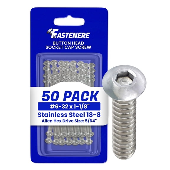 Fastenere Button Head Socket Cap Screws -6-32 x 1-1/8" (50 Pack) Stainless Steel 18-8, Full Thread, Bright Plain Finish, Corrosion-Resistant, Machine Thread, Easy to Install w/ Allen Socket Drive