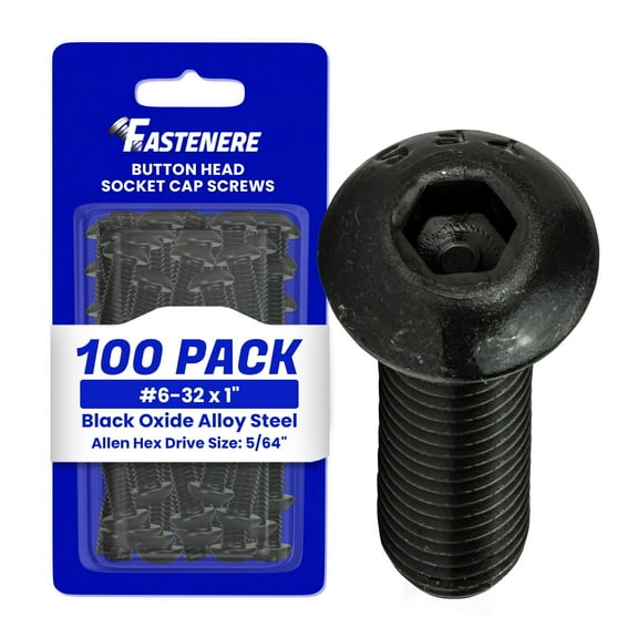Fastenere Button Head Socket Cap Screws - 6-32 x 1" (100-Pcs) Alloy Steel, Fully Threaded, Fine Black Oxide Finish, Corrosion-Resistant, Machine Thread, Easy to Install w/ Allen Hex Drive