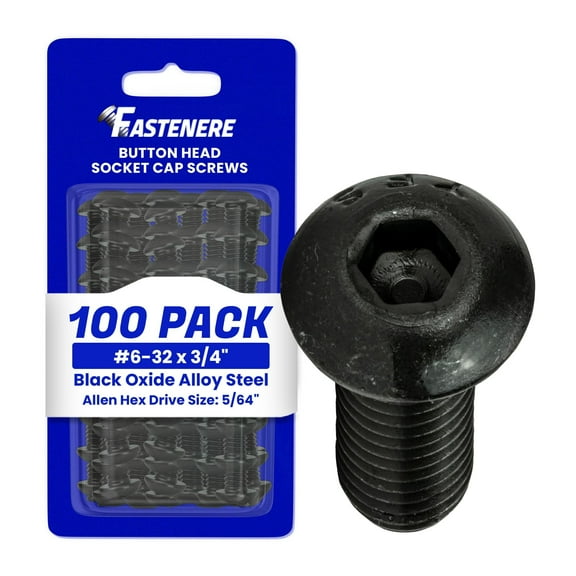 Fastenere Button Head Socket Cap Screws - 6-32 x 3/4" (100-Pcs) Alloy Steel, Fully Threaded, Fine Black Oxide Finish, Corrosion-Resistant, Machine Thread, Easy to Install w/ Allen Hex Drive