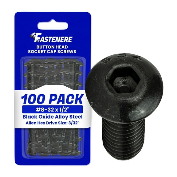 Fastenere Button Head Socket Cap Screws - 8-32 x 1/2" (100-Pcs) Alloy Steel, Fully Threaded, Fine Black Oxide Finish, Corrosion-Resistant, Machine Thread, Easy to Install w/ Allen Hex Drive