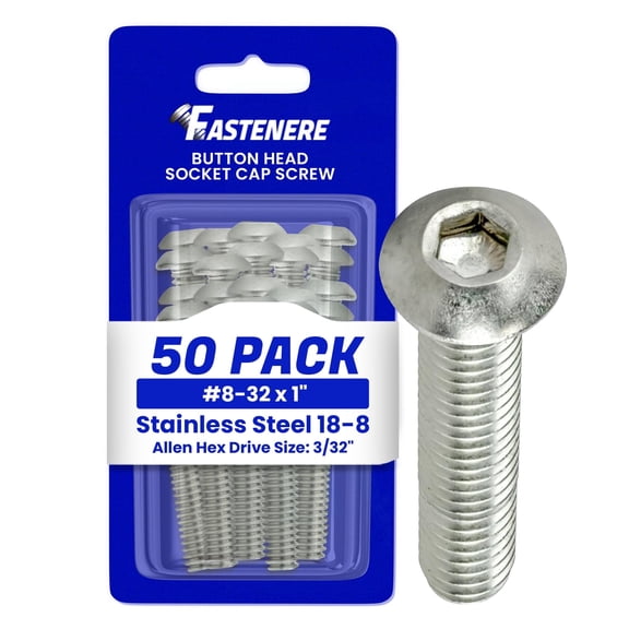 Fastenere Button Head Socket Cap Screws - 8-32 x 1" (50 Pack) Stainless Steel 18-8, Full Thread, Bright Plain Finish, Corrosion-Resistant, Machine Thread, Easy to Install w/ Allen Socket Drive