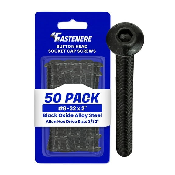 Fastenere Button Head Socket Cap Screws - 8-32 x 2" (50-Pcs) Alloy Steel, Fully Threaded, Fine Black Oxide Finish, Corrosion-Resistant, Machine Thread, Easy to Install w/ Allen Hex Drive