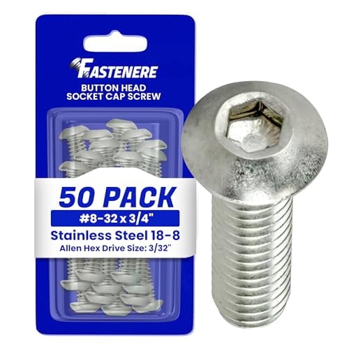 Fastenere Button Head Socket Cap Screws - 8-32 x 3/4" (50 Pack) Stainless Steel 18-8, Full Thread, Bright Plain Finish, Corrosion-Resistant, Machine Thread, Easy to Install w/ Allen Socket Drive