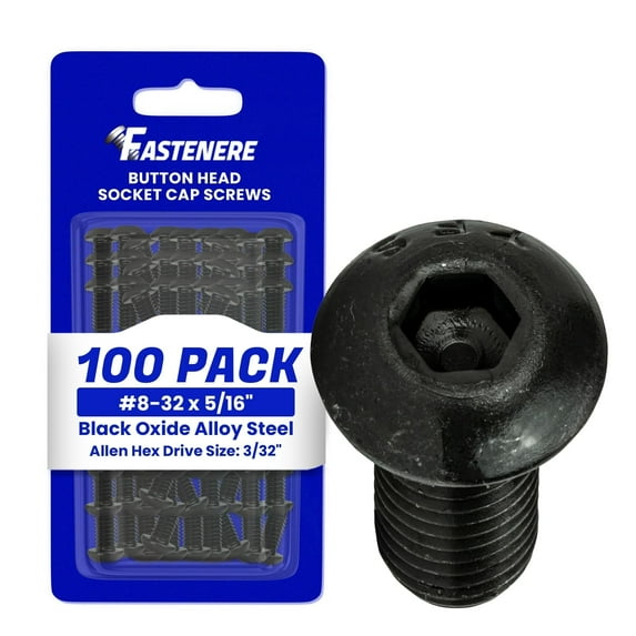 Fastenere Button Head Socket Cap Screws - 8-32 x 5/16" (100-Pcs) Alloy Steel, Fully Threaded, Fine Black Oxide Finish, Corrosion-Resistant, Machine Thread, Easy to Install w/ Allen Hex Drive