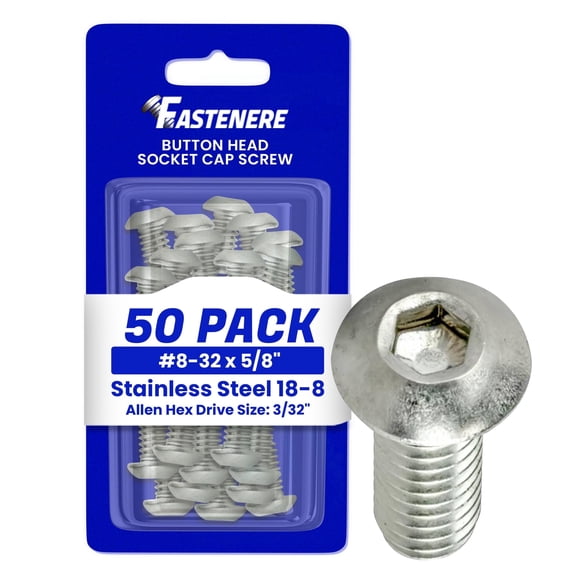 Fastenere Button Head Socket Cap Screws - 8-32 x 5/8" (50 Pack) Stainless Steel 18-8, Full Thread, Bright Plain Finish, Corrosion-Resistant, Machine Thread, Easy to Install w/ Allen Socket Drive