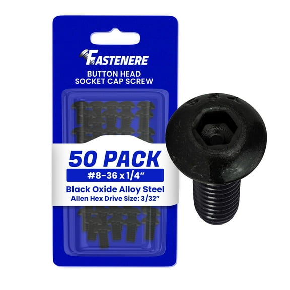 Fastenere Button Head Socket Cap Screws - 8-36 x 1/4" (50-Pcs) Alloy Steel, Fully Threaded, Fine Black Oxide Finish, Corrosion-Resistant, Machine Thread, Easy to Install w/ Allen Hex Drive