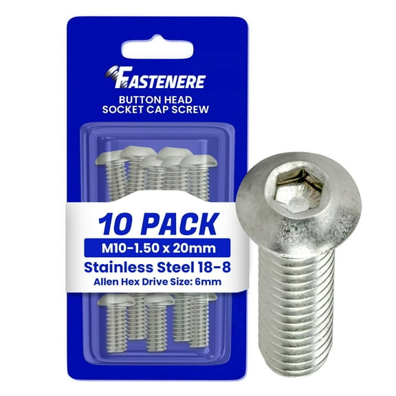 Fastenere Button Head Socket Cap Screws - M10-1.50 x 20MM (10-pack) Stainless Steel 18-8, Full Thread, Plain Finish, Flat Point, ISO 7380 Metric Screw Set, Easy to Install w/ Allen Hex Socket Drive