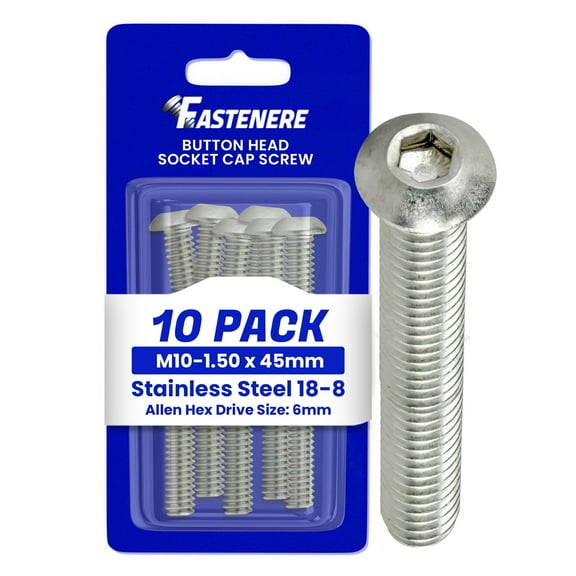 Fastenere Button Head Socket Cap Screws - M10-1.50 x 45MM (10-pack) Stainless Steel 18-8, Full Thread, Plain Finish, Flat Point, ISO 7380 Metric Screw Set, Easy to Install w/ Allen Hex Socket Drive