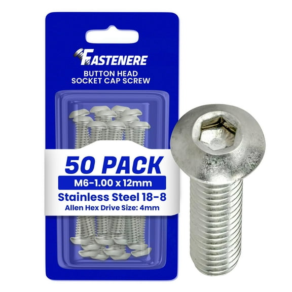 Fastenere Button Head Socket Cap Screws - M6-1.00 x 12MM (50-pack) Stainless Steel 18-8, Full Thread, Plain Finish, Flat Point, ISO 7380 Metric Screw Set, Easy to Install w/ Allen Hex Socket Drive