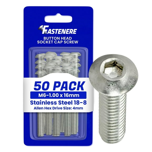 Fastenere Button Head Socket Cap Screws - M6-1.00 x 16MM (50-pack) Stainless Steel 18-8, Full Thread, Plain Finish, Flat Point, ISO 7380 Metric Screw Set, Easy to Install w/ Allen Hex Socket Drive