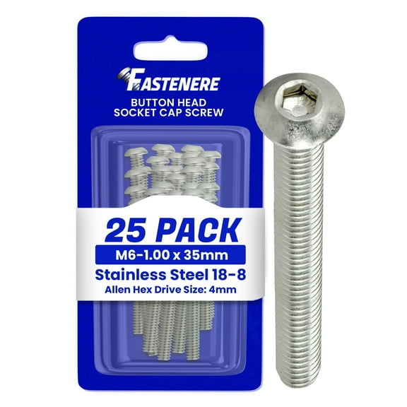 Fastenere Button Head Socket Cap Screws - M6-1.00 x 35MM (25-pack) Stainless Steel 18-8, Full Thread, Plain Finish, Flat Point, ISO 7380 Metric Screw Set, Easy to Install w/ Allen Hex Socket Drive