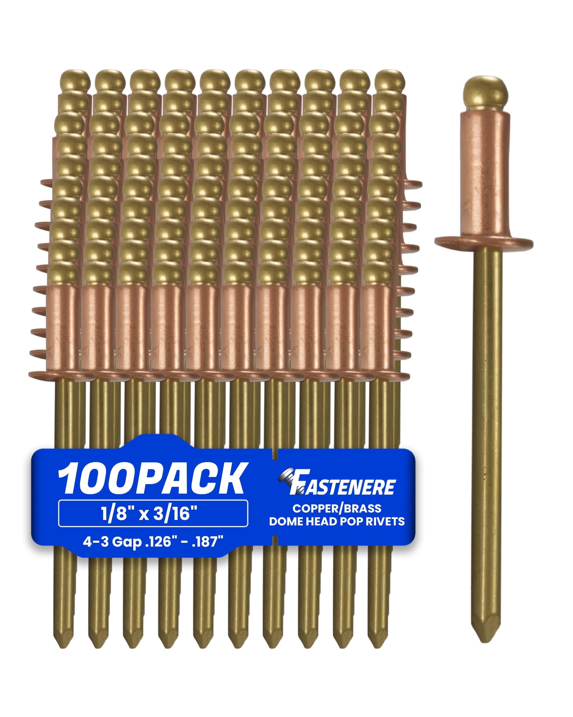 Fastenere Copper Pop Rivets - 1/8" x 3/16" (100 Pack) Copper Body Brass Mandrel, Heavy Duty, Open-End, Dome-Head Blind Rivets, Corrosion-Resistant & High Shear Strength, 4-3 Gap .126" - .187"