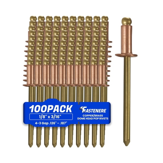 Fastenere Copper Pop Rivets - 1/8" x 3/16" (100 Pack) Copper Body Brass Mandrel, Heavy Duty, Open-End, Dome-Head Blind Rivets, Corrosion-Resistant & High Shear Strength, 4-3 Gap .126" - .187"