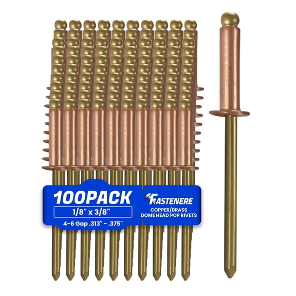 Fastenere Copper Pop Rivets - 1/8" x 3/8" (100 Pack) Copper Body Brass Mandrel, Heavy Duty, Open-End, Dome-Head Blind Rivets, Corrosion-Resistant & High Shear Strength, 4-4 Gap .188" - .250"