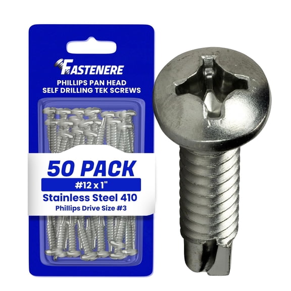 Fastenere Pan Head Self Drilling Tek Screws - #12 x 1" (50 Pack) Stainless Steel 410, Full Thread, Bright Plain Finish, Corrosion-Resistant, Self-Drilling, Easy to Install w/ Phillips Drive Size #3
