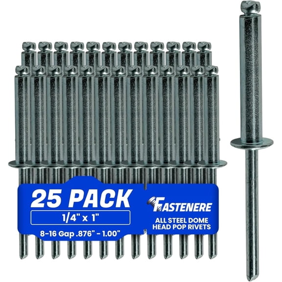 Fastenere Pop Rivets - 1/4" x 1" (25 pcs) Heavy Duty, Open-End, Low Carbon Steel, Dome-Head Blind Rivets, Corrosion-Resistant & High Shear Strength, 8-16 Gap 0.876"-1.00"