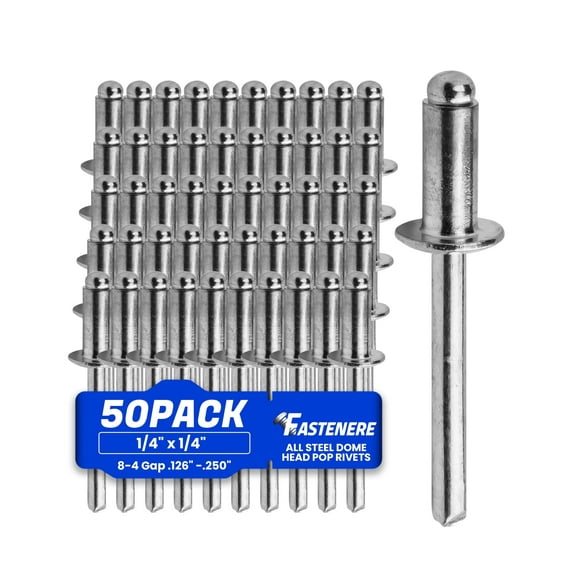Fastenere Pop Rivets - 1/4" x 1/4" (50pcs) Heavy Duty, Open-End, Aluminum, Dome-Head Blind Rivets, Corrosion-Resistant, High Tensile & Shear Strength, 8-4 Gap 0.126"-0.250"