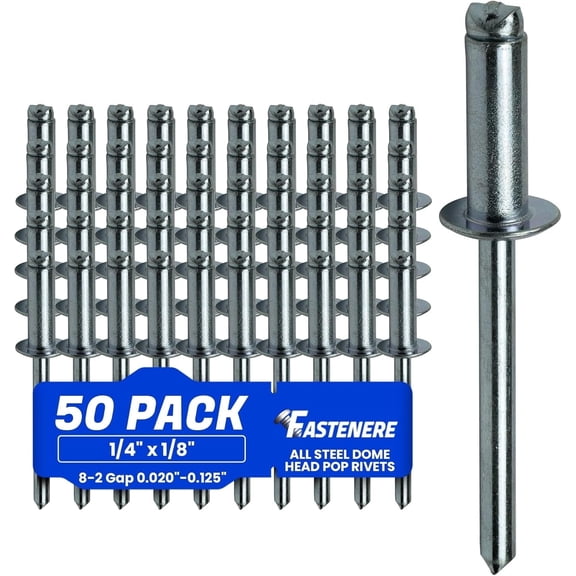 Fastenere Pop Rivets - 1/4" x 1/8" (50 pcs) Heavy Duty, Open-End, Low Carbon Steel, Dome-Head Blind Rivets, Corrosion-Resistant & High Shear Strength, 8-2 Gap 0.020"-0.125"