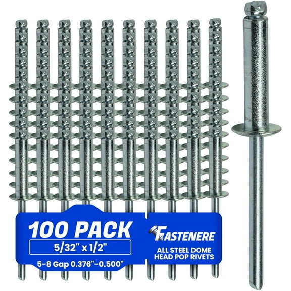 Fastenere Pop Rivets - 1/4" x 5/8" (25 pcs) Heavy Duty, Open-End, Low Carbon Steel, Dome-Head Blind Rivets, Corrosion-Resistant & High Shear Strength, 8-10 Gap 0.501"-0.625"