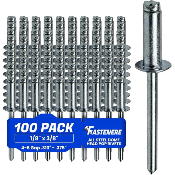 Fastenere Pop Rivets - 1/8" x 3/8" (100 pcs) Heavy Duty, Open-End, Low Carbon Steel, Dome-Head Blind Rivets, Corrosion-Resistant & High Shear Strength, 4-6 Gap 0.313"-0.375"