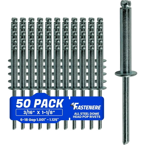Fastenere Pop Rivets - 3/16" x 1-1/8" (50 pcs) Heavy Duty, Open-End, Low Carbon Steel, Dome-Head Blind Rivets, Corrosion-Resistant & High Shear Strength, 6-18 Gap 1.001"-1.125"