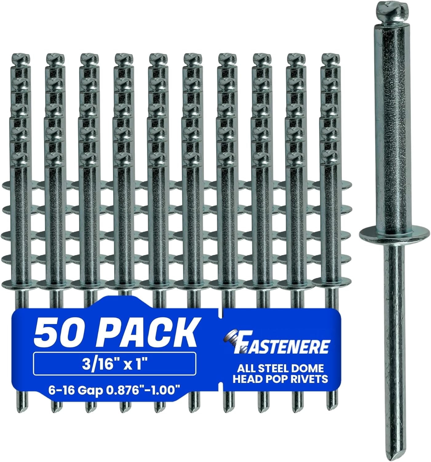 Fastenere Pop Rivets - 3/16" x 1" (50 pcs) Heavy Duty, Open-End, Low Carbon Steel, Dome-Head Blind Rivets, Corrosion-Resistant & High Shear Strength, 6-16 Gap 0.876"-1.00"