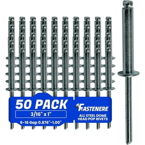 Fastenere Pop Rivets - 3/16" x 1" (50 pcs) Heavy Duty, Open-End, Low Carbon Steel, Dome-Head Blind Rivets, Corrosion-Resistant & High Shear Strength, 6-16 Gap 0.876"-1.00"