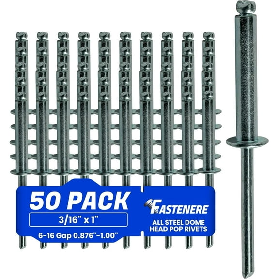 Fastenere Pop Rivets - 3/16" x 1" (50 pcs) Heavy Duty, Open-End, Low Carbon Steel, Dome-Head Blind Rivets, Corrosion-Resistant & High Shear Strength, 6-16 Gap 0.876"-1.00"