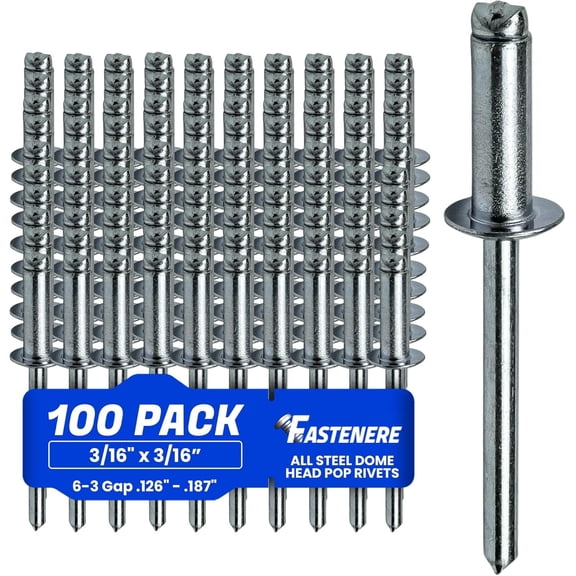 Fastenere Pop Rivets - 3/16" x 3/16" (100 pcs) Heavy Duty, Open-End, Low Carbon Steel, Dome-Head Blind Rivets, Corrosion-Resistant & High Shear Strength, 6-3 Gap 0.126"-0.187"