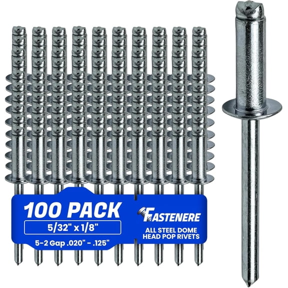 Fastenere Pop Rivets - 5/32" x 1/8" (100 pcs) Heavy Duty, Open-End, Low Carbon Steel, Dome-Head Blind Rivets, Corrosion-Resistant & High Shear Strength, 5-2 Gap 0.020"-0.125"