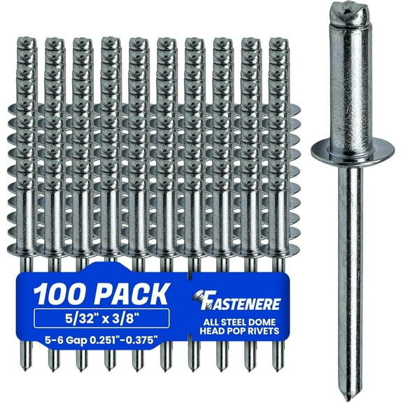 Fastenere Pop Rivets - 5/32" x 3/8" (100 pcs) Heavy Duty, Open-End, Low Carbon Steel, Dome-Head Blind Rivets, Corrosion-Resistant & High Shear Strength, 5-6 Gap 0.251"-0.375"