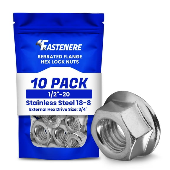 Fastenere Serrated Flange Nuts - 1/2"-20 (10-Pack) Fine, Plain Finish, Stainless Steel 18-8 Hex Lock Hardware Nuts for Industrial & Home Use