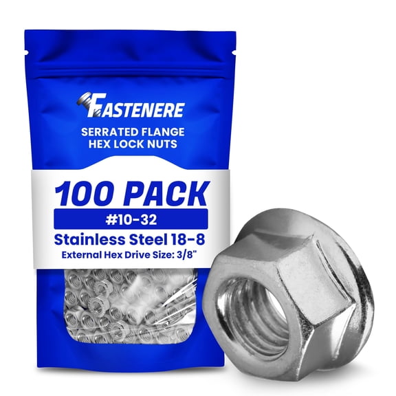 Fastenere Serrated Flange Nuts - #10-32 (100-Pack) Fine, Plain Finish, Stainless Steel 18-8 Hex Lock Hardware Nuts for Industrial & Home Use