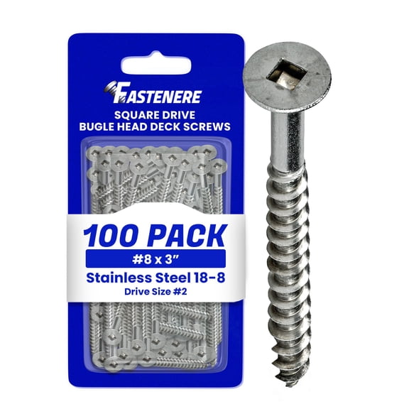 Fastenere Stainless Steel 18-8 Deck Screws - #8 x 3" (100 Pack) Wood Cutting Point, Square Drive, Partial Thread, Bright Finish for Wood, Exterior, Decking, Composite, Fencing, Type 17 Point